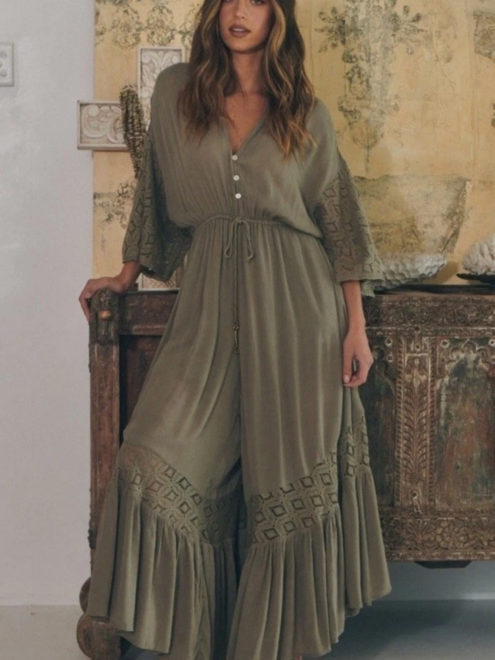 Free People Angela Jumpsuit size small green boho